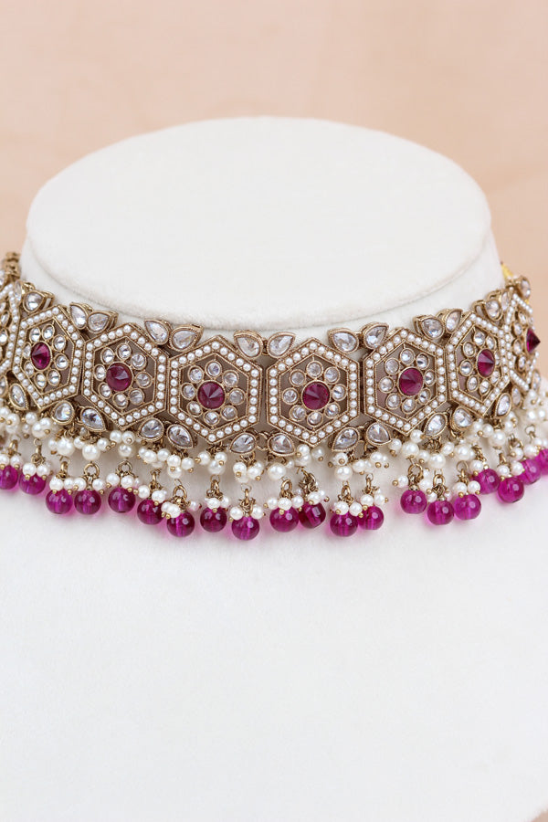 Purple Heavy Look Choker With Small Details And With Jhumka Earrings And Tikka (CS016-PU-Polki)