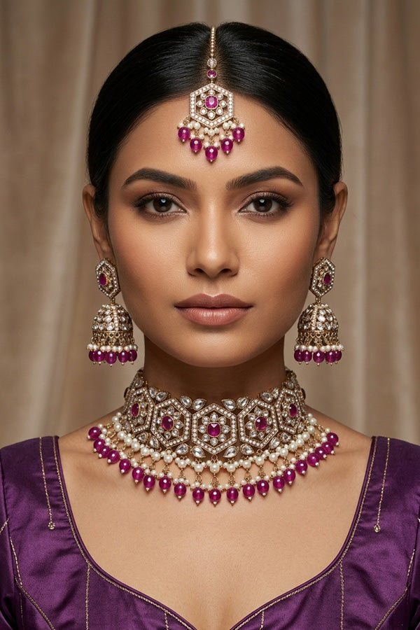 Purple Heavy Look Choker With Small Details And With Jhumka Earrings And Tikka (CS016-PU-Polki)