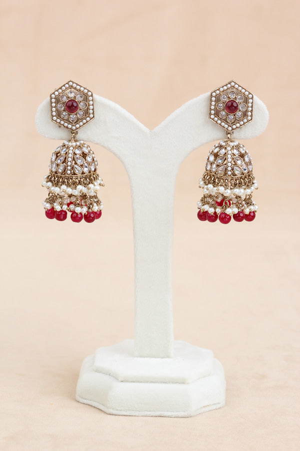 Ruby Red Heavy Look Choker With Small Details And With Jhumka Earrings And Tikka (CS016-RU-Polki)