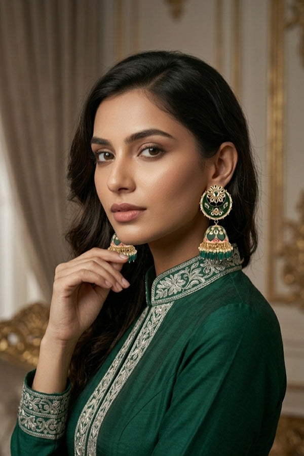 Heavy Look Fashionable Jhumka Earrings In Green Colour And Pearls Attached