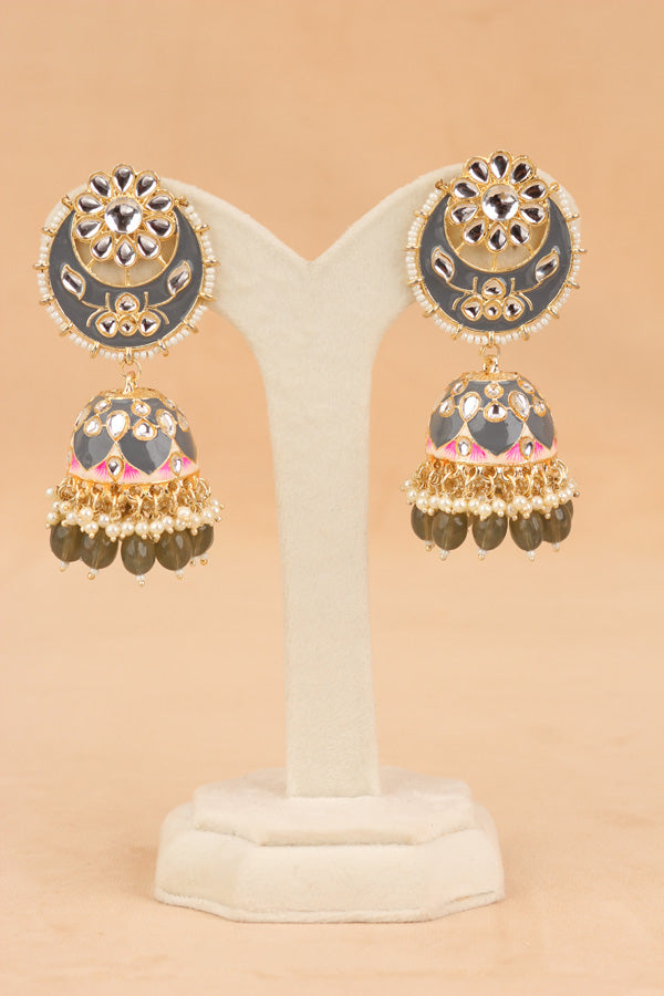 Heavy Look Fashionable Jhumka Earrings In Grey Colour And Pearls Attached (JH003-GY-B1)