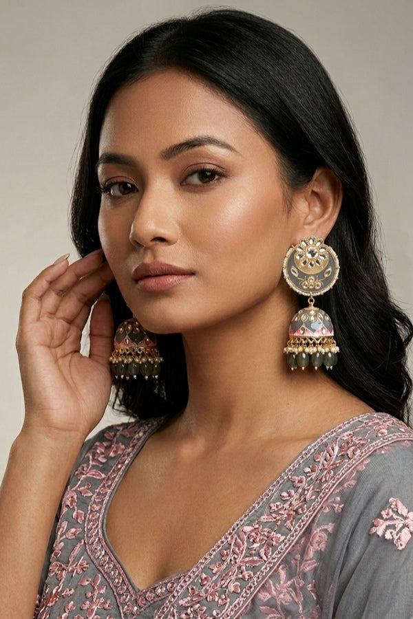 Heavy Look Fashionable Jhumka Earrings In Grey Colour And Pearls Attached