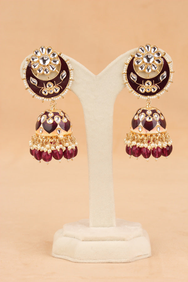 Heavy Look Fashionable Jhumka Earrings In Maroon Colour And Pearls Attached (JH003-M-B1)