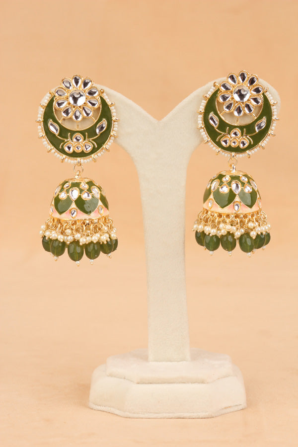 Heavy Look Fashionable Jhumka Earrings In Mehndi Green Colour And Pearls Attached (JH003-MG-B1)