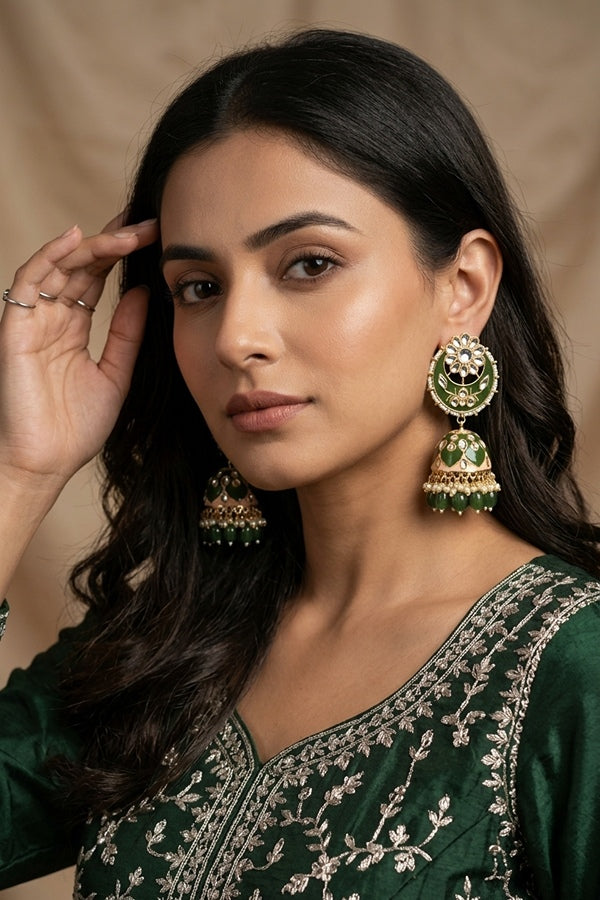 Heavy Look Fashionable Jhumka Earrings In Mehndi Green Colour And Pearls Attached
