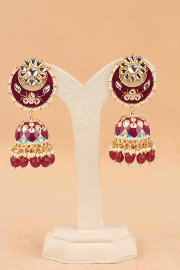 Heavy Look Fashionable Jhumka Earrings In Ruby Colour And Pearls Attached (JH003-RU-B1)