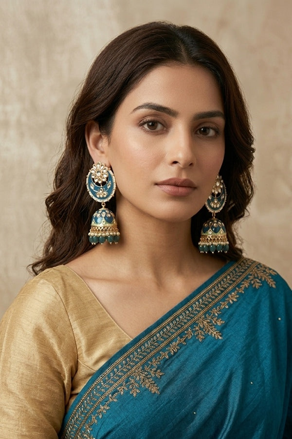 Heavy Look Fashionable Jhumka Earrings In Turquoise Blue Colour And Pearls Attached