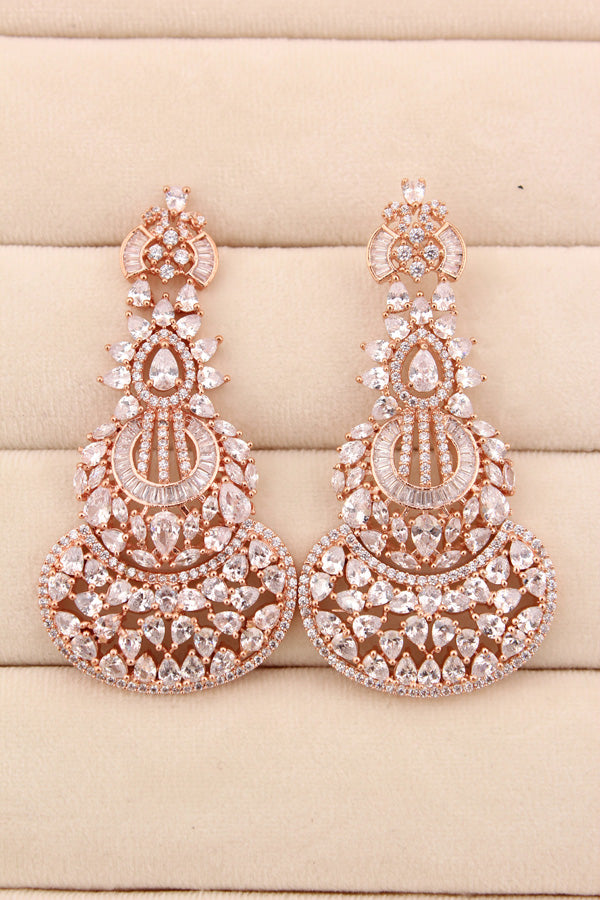 High End Quality Danglers In Rose Gold Polish Filled With American Diamonds (ADE018)