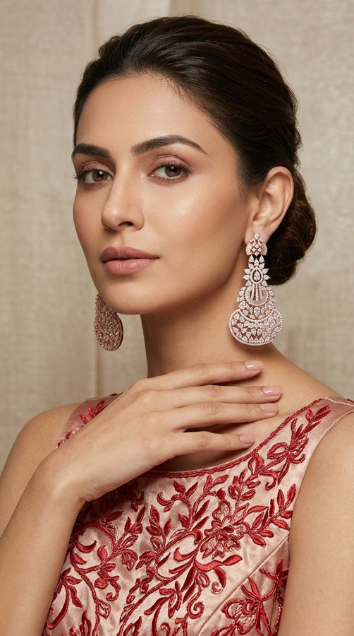High End Quality Danglers In Rose Gold Polish Filled With American Diamonds (ADE018)