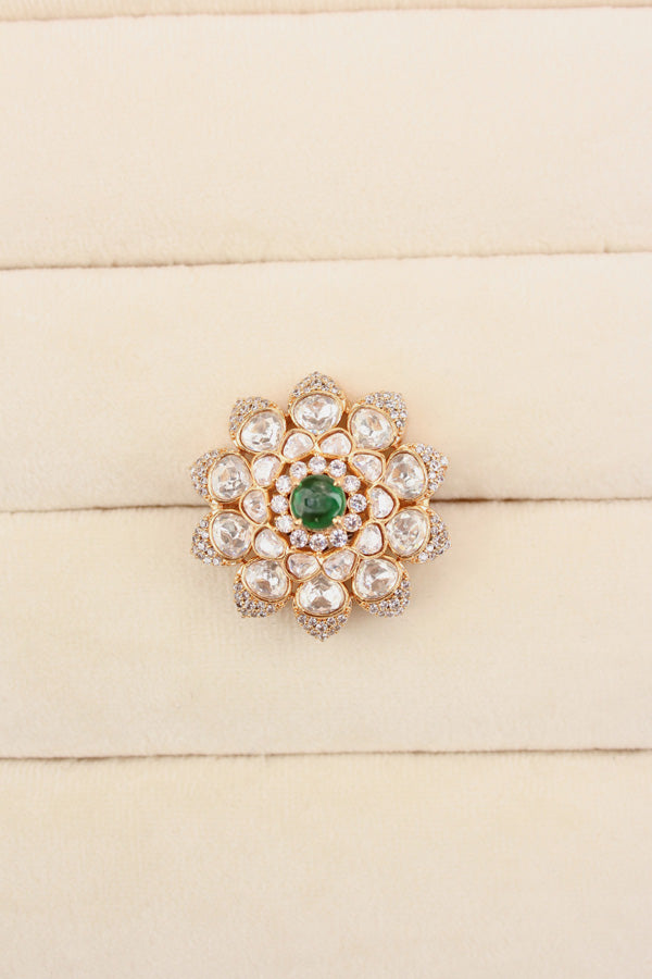 High End Quality Kundan Ring With Flower Design And Small American Diamonds Also Green Center Stone Adjustable Ring (KR003-G)