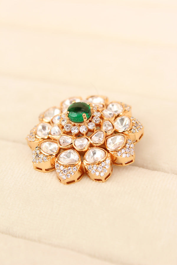 High End Quality Kundan Ring With Flower Design And Small American Diamonds Also Green Center Stone Adjustable Ring (KR003-G)