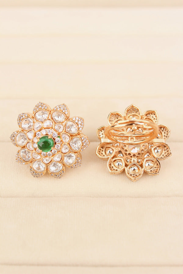 High End Quality Kundan Ring With Flower Design And Small American Diamonds Also Green Center Stone Adjustable Ring (KR003-G)