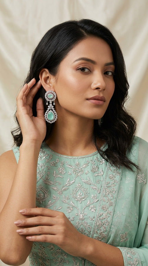High Quality Earrings With Tear Drop And Mint Green Colour Stone (ADE007-MG)