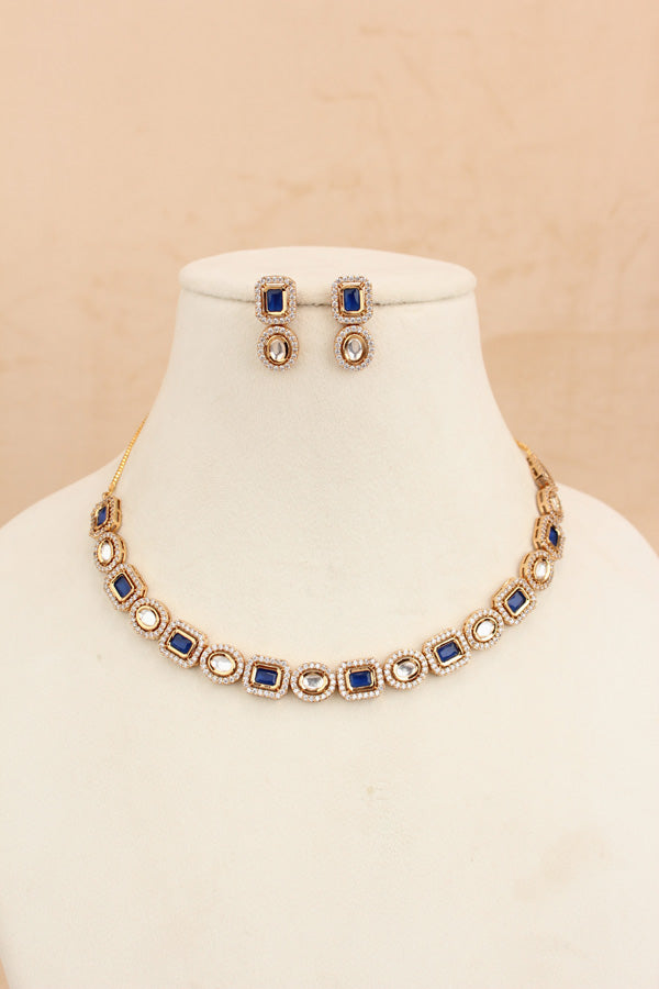 High Quality Kundan In Gold Polish With Blue Stones And Small Earrings (NKS037-GB)