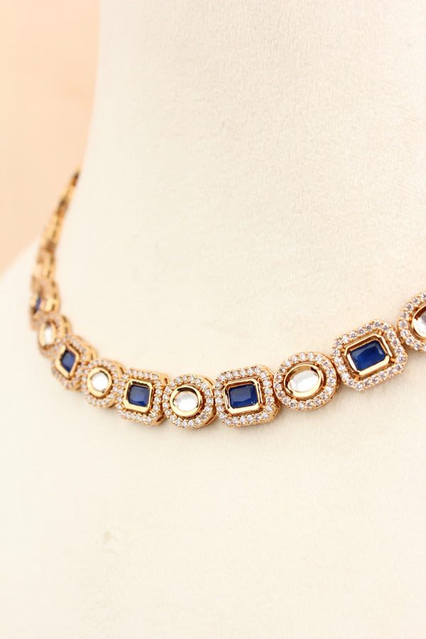 High Quality Kundan In Gold Polish With Blue Stones And Small Earrings (NKS037-GB)