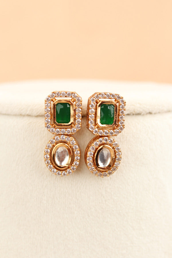 High Quality Kundan In Gold Polish With Green Stones And Small Earrings (NKS037-GG)