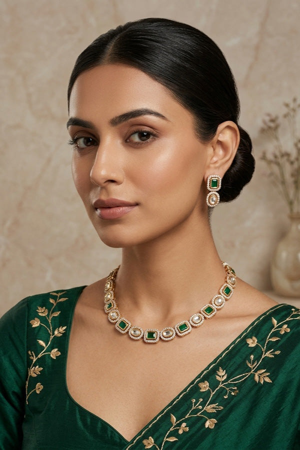 High Quality Kundan In Gold Polish With Green Stones And Small Earrings (NKS037-GG)