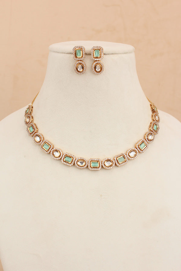 High Quality Kundan In Gold Polish With Mint Green Stones And Small Earrings (NKS037-GM)
