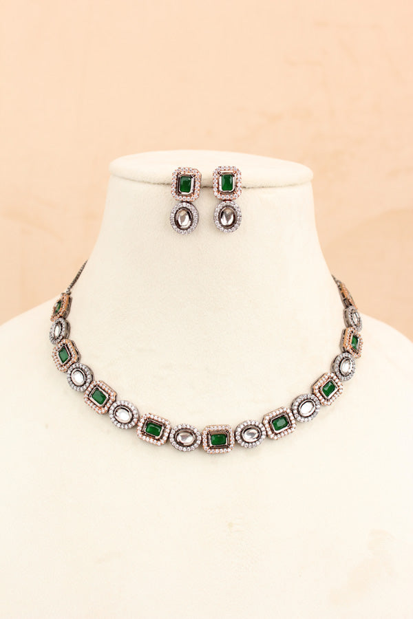 High Quality Kundan In Rosegold And Black Polish With Green Stones And Small Earrings (NKS037-RG)