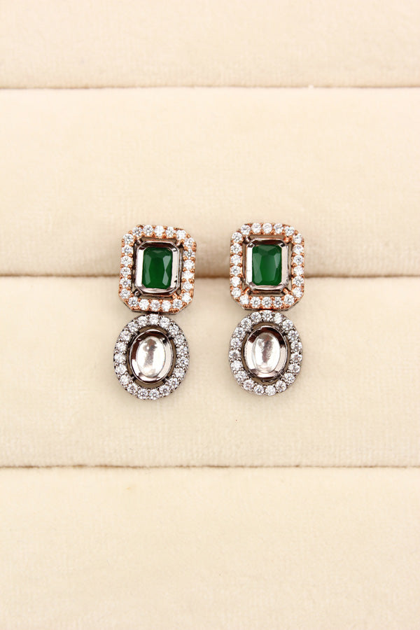 High Quality Kundan In Rosegold And Black Polish With Green Stones And Small Earrings (NKS037-RG)