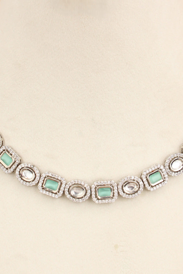 High Quality Kundan In Silver Polish With Mint Green Stones And Small Earrings (NKS037-SM)