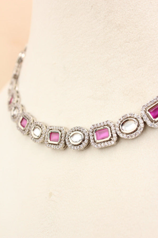 High Quality Kundan In Silver Polish With Pink Stones And Small Earrings (NKS037-SP)