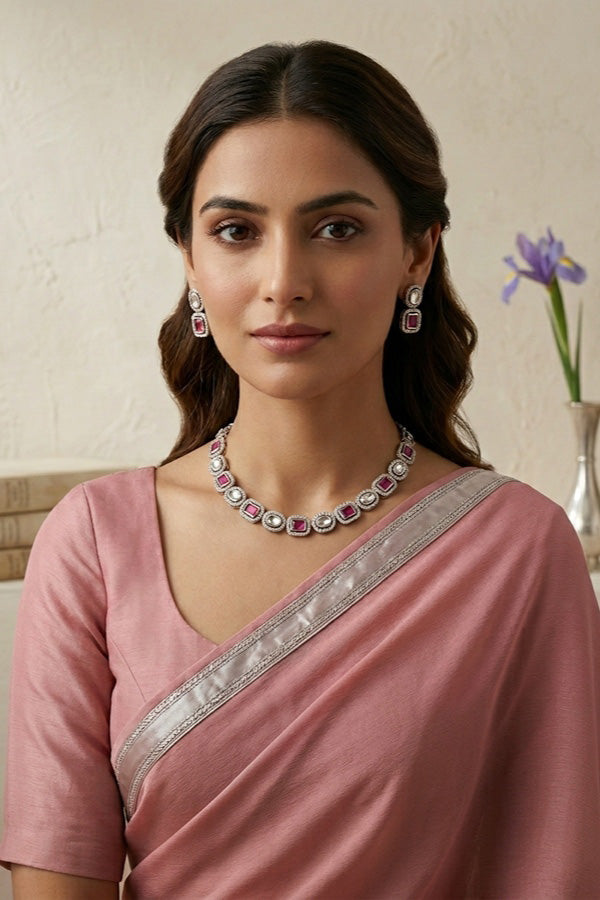 High Quality Kundan In Silver Polish With Pink Stones And Small Earrings (NKS037-SP)