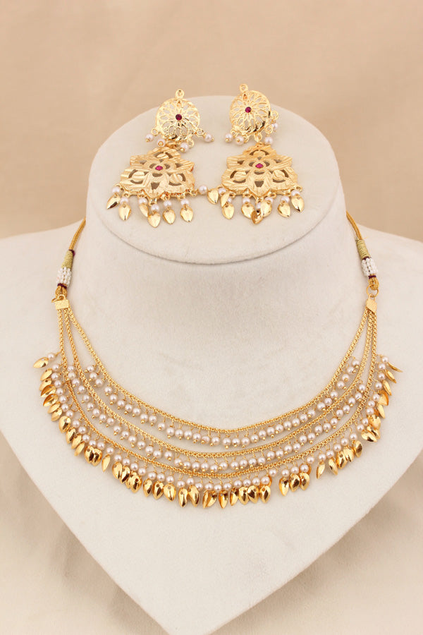 Jadau Gold Plated Necklace Set With Matching Earrings And Tikka (PJNS005)