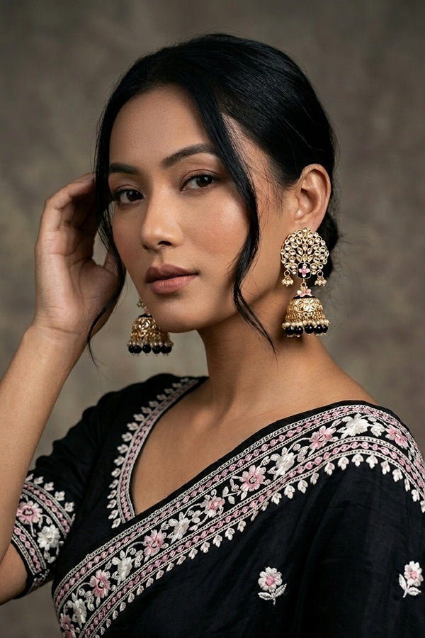 Jhumka Earrings In Black Colour And Flower Design