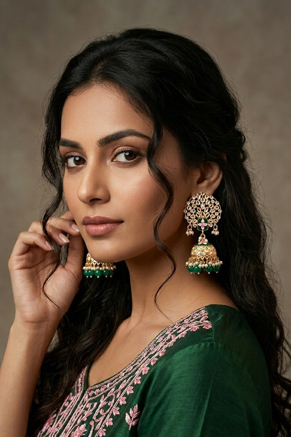 Jhumka Earrings In Green Colour And Flower Design