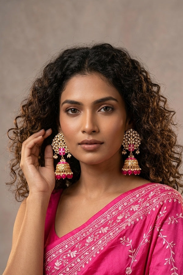 Jhumka Earrings In Hot Pink Colour And Flower Design