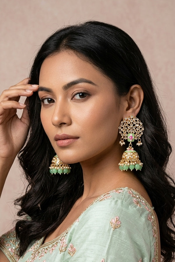 Jhumka Earrings In Light Green Colour And Flower Design