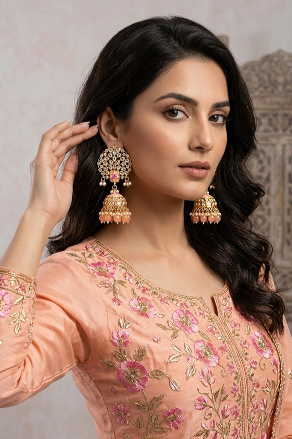Jhumka Earrings In Peach Colour And Flower Design
