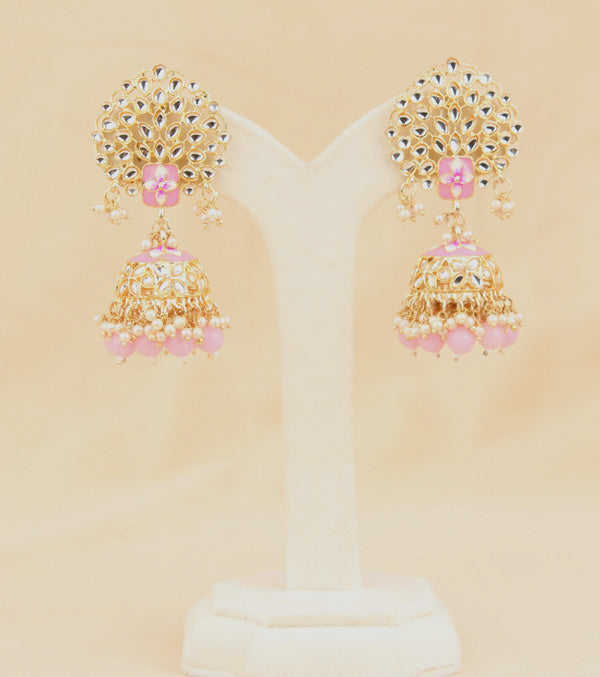 Jhumka Earrings In Pink Colour And Flower Design (JH002-P-B1)