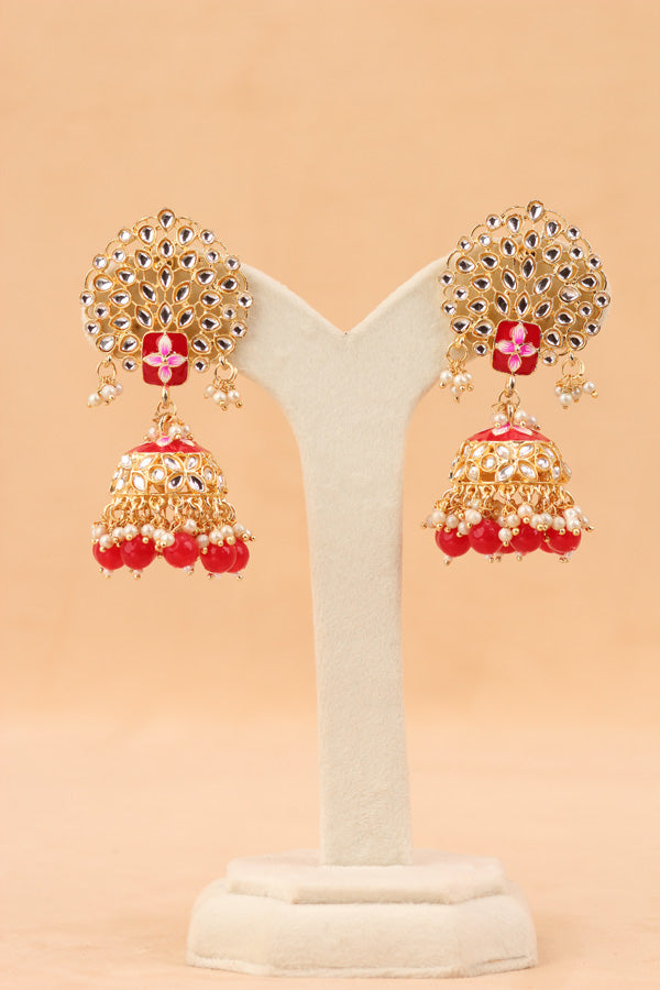 Jhumka Earrings In Red Colour And Flower Design (JH002-R-B1)