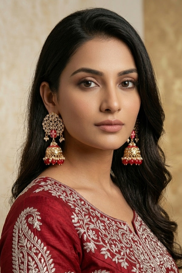 Jhumka Earrings In Red Colour And Flower Design