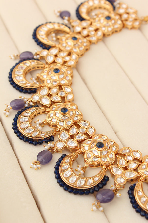 Kundan Necklace Set With Flower Design And Individual blue Colour Pearls Attached With Same Design Earrings (NS033B-K)