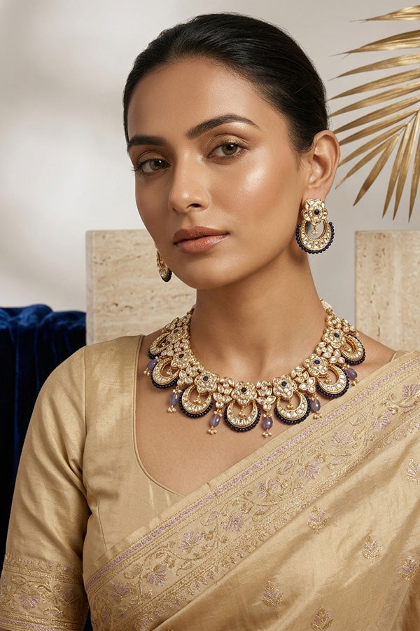 Kundan Necklace Set With Flower Design And Individual blue Colour Pearls Attached With Same Design Earrings (NS033B-K)