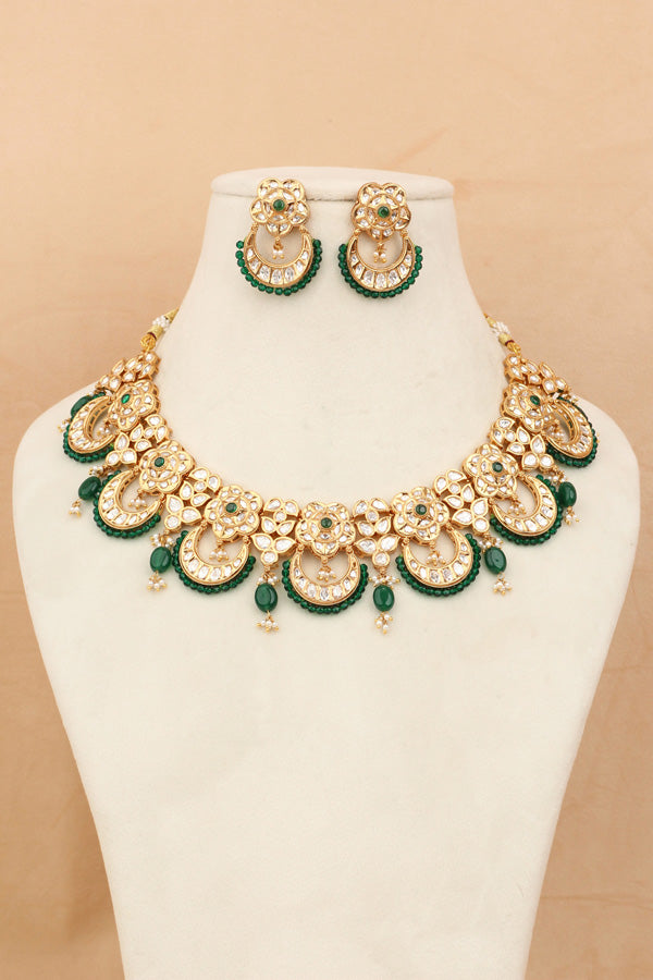 Kundan Necklace Set With Flower Design And Individual Green Colour Pearls Attached With Same Design Earrings (NS033G-Kundan)