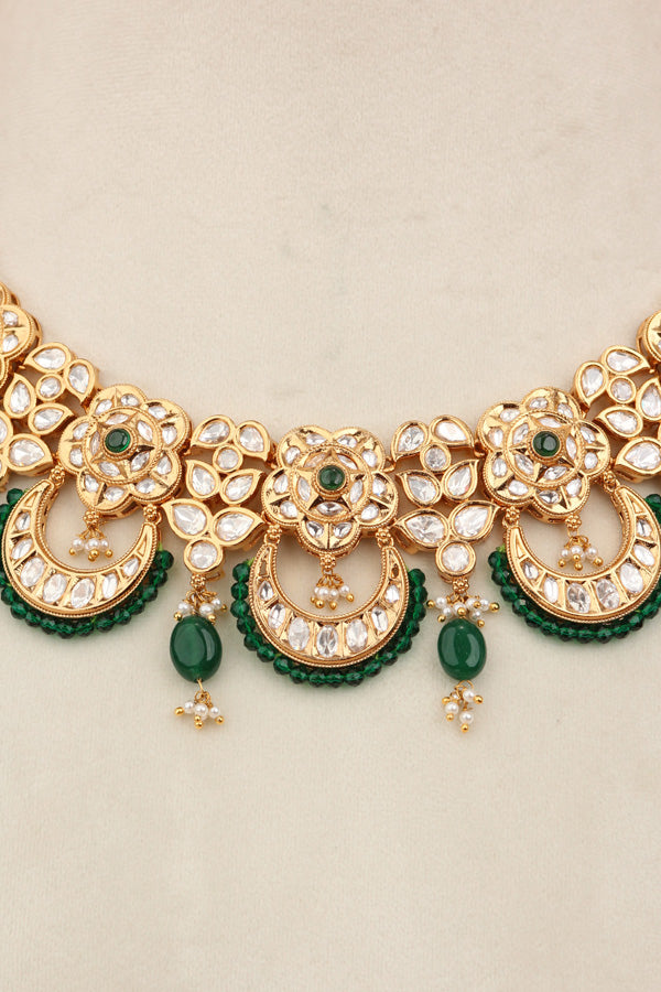 Kundan Necklace Set With Flower Design And Individual Green Colour Pearls Attached With Same Design Earrings (NS033G-Kundan)