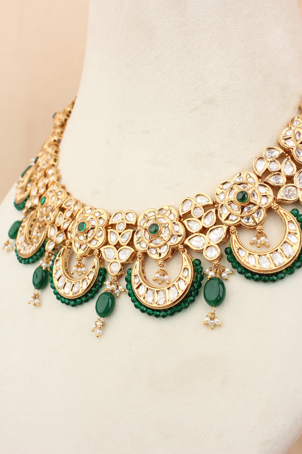 Kundan Necklace Set With Flower Design And Individual Green Colour Pearls Attached With Same Design Earrings (NS033G-Kundan)