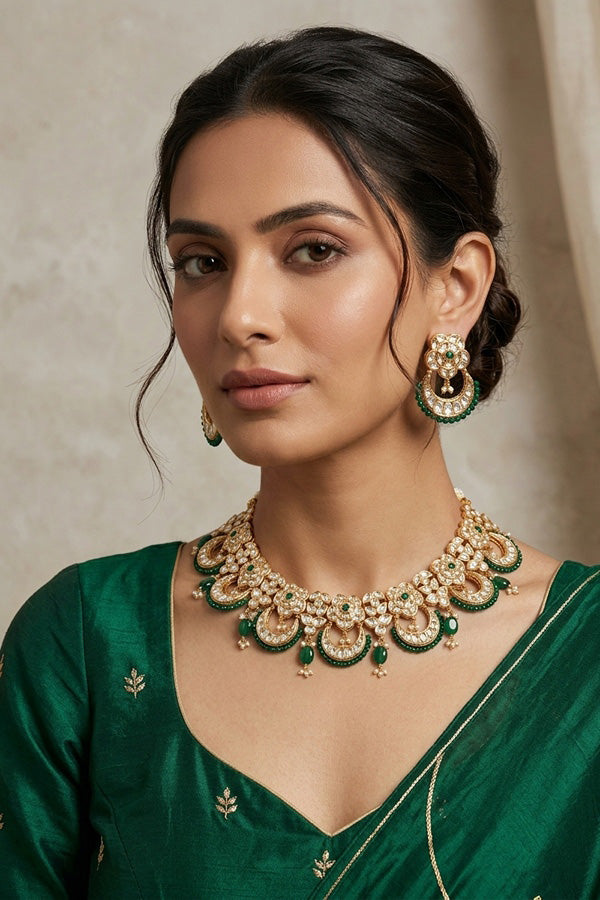 Kundan Necklace Set With Flower Design And Individual Green Colour Pearls Attached With Same Design Earrings (NS033G-Kundan)