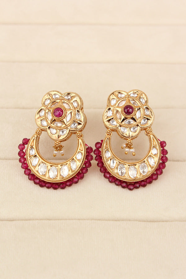 Kundan Necklace Set With Flower Design And Individual Ruby Colour Pearls Attached With Same Design Earrings (NS033RU-K)
