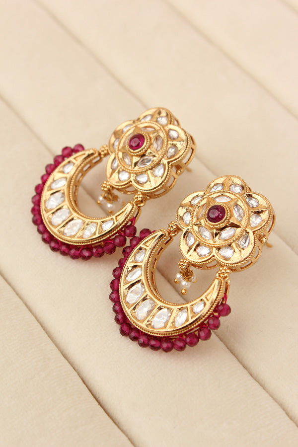 Kundan Necklace Set With Flower Design And Individual Ruby Colour Pearls Attached With Same Design Earrings (NS033RU-K)