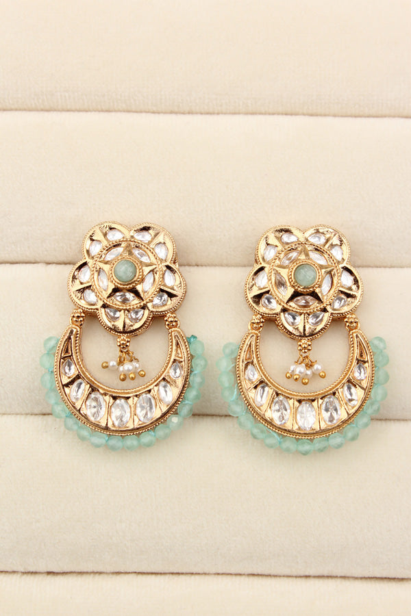 Kundan Necklace Set With Flower Design And Individual Sky Blue Colour Pearls Attached With Same Design Earrings (NS033SB-Kundan)