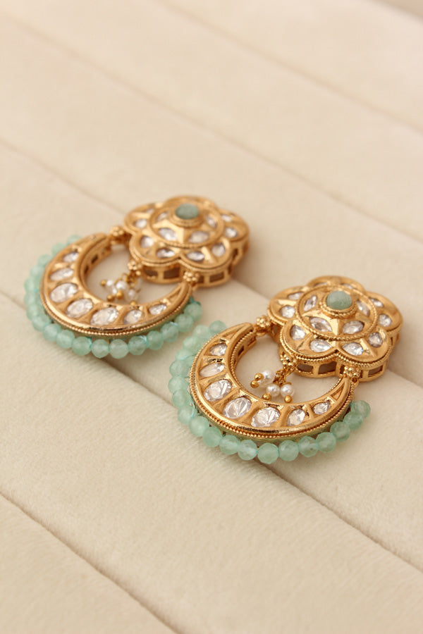 Kundan Necklace Set With Flower Design And Individual Sky Blue Colour Pearls Attached With Same Design Earrings (NS033SB-Kundan)