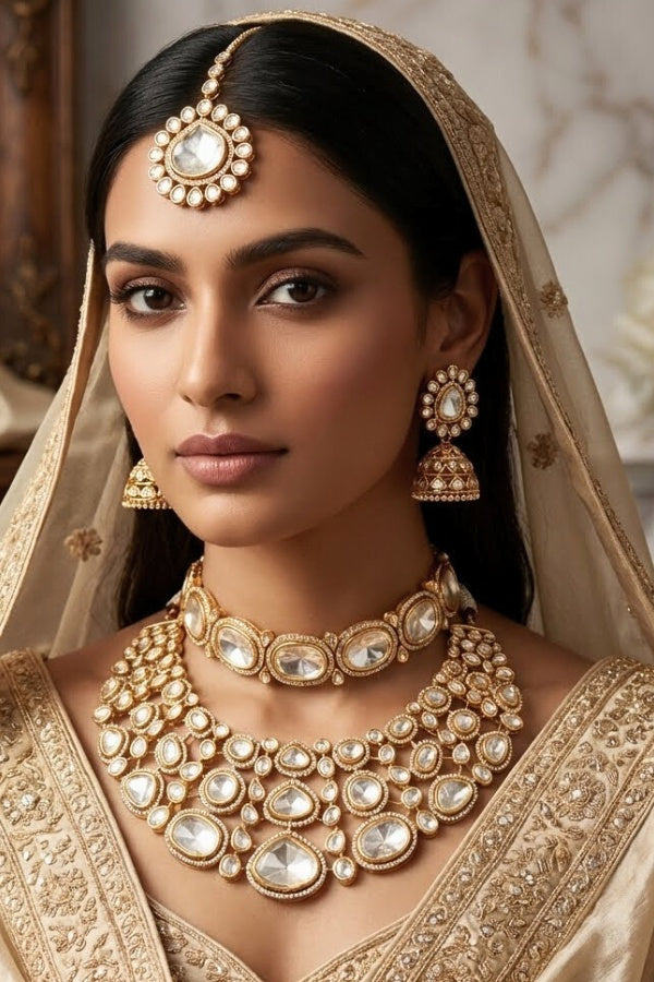 Kundan Necklace With Additional Choker Tikka And Jhumka Earrings(NK002-K-B1)