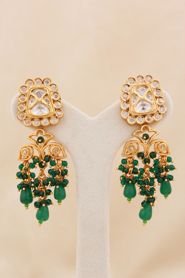 Kundan Necklace With American Diamonds And Green Pearls With Earrings And Matching Tikka(NK003-RG-K-B1)