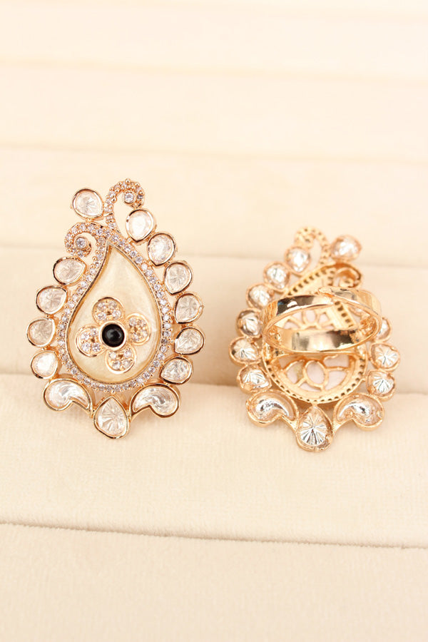 Kundan Teardrop Ring Framed With Small American Diamonds And Center Flower And Black Colour Stone Adjustable Ring (KR002-BL)