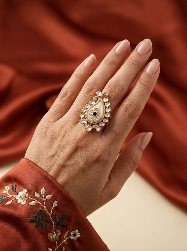 Kundan Teardrop Ring Framed With Small American Diamonds And Center Flower And Black Colour Stone Adjustable Ring (KR002-BL)